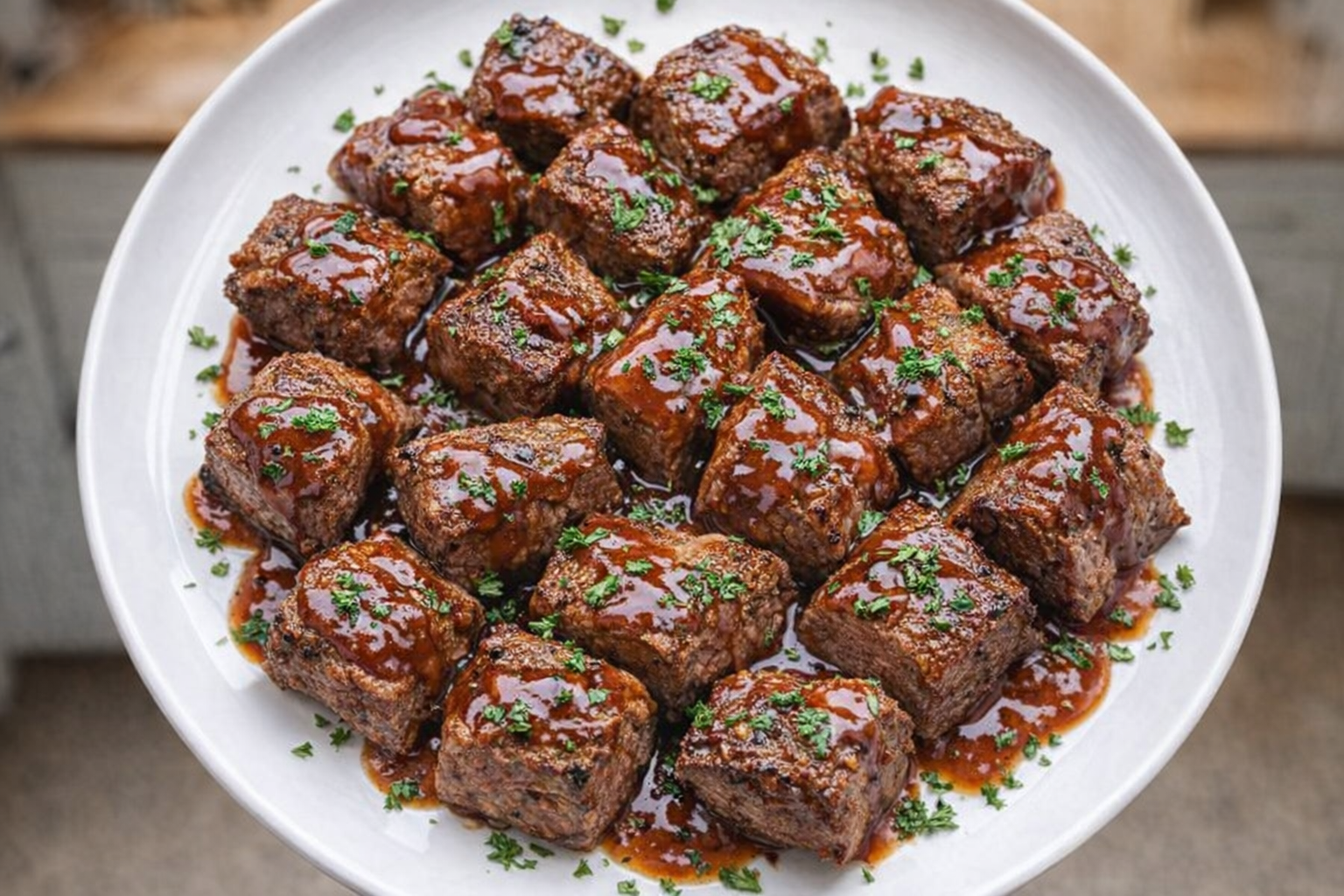 A top-down studio shot of golden-brown steak nuggets arranged on a white plate, drizzled with a tangy barbecue sauce, with parsley garnish. The lighting is bright and even